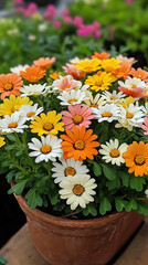 Colorful flowers in pot, featuring orange, white, and pink blooms, create vibrant display. lush green leaves complement cheerful arrangement, perfect for brightening any space