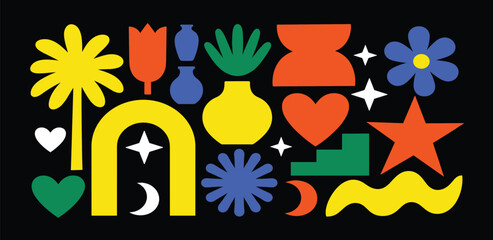 Fototapeta premium Bold and Bright Geometric Shapes A Fun, Modern Design with Hearts, Stars and Flowers