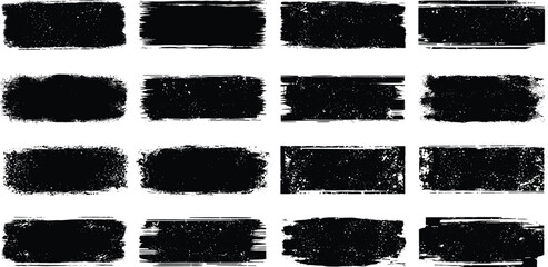 Collection of black grunge brush strokes, textured paint smudges, and distressed ink splatters, offering a versatile graphic design concept for raw, authentic, and artistic backgrounds and overlays
