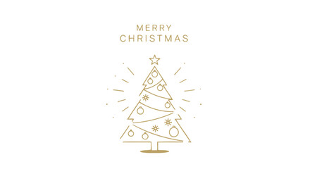 Elegant minimalist gold line art christmas tree with star and ornaments on white background with merry christmas text