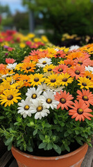 Colorful flowers in pot, featuring orange, yellow, and white blooms, create vibrant display in garden setting, evoking joy and beauty