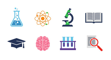 Science and education icons featuring laboratory equipment and learning symbols