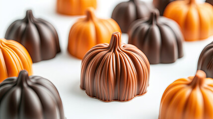 Delicious pumpkin shaped chocolates in orange and brown colors create festive display. These treats are perfect for autumn celebrations and add playful touch to any gathering