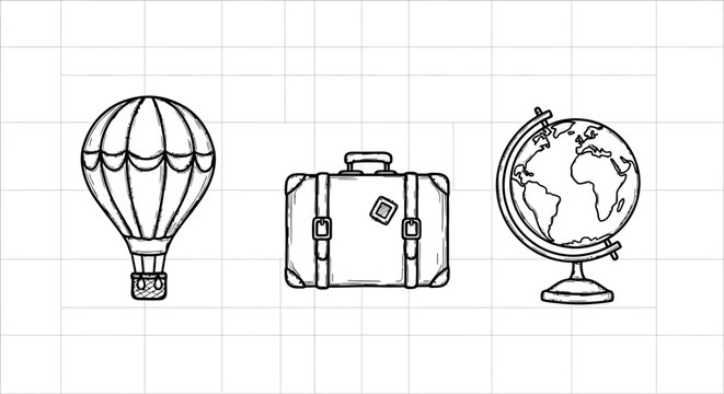 Hand drawn travel elements: hot air balloon, suitcase, globe