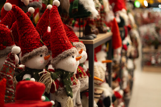Snowman decorations in Christmas toy store