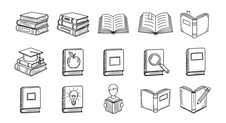 Hand drawn books collection: education icons in sketch style