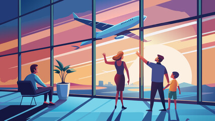 Silhouette of a family standing by large airport windows, child pointing excitedly at airplane taking off, sunlight streaming through glass, evoking wonder, anticipation
