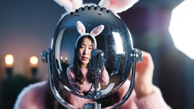 Playful woman with bunny ears sings into vintage microphone, creating whimsical atmosphere. Soft lighting enhances cozy reflection, capturing joyful expression in lively scene
