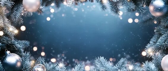 Fir tree branches with festive decorations, glowing lights, and falling snow on a blue background - Powered by Adobe