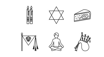Black and white linear symbols of cultural and religious practices