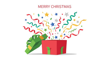 Merry christmas celebration with exploding gift box confetti stars and ribbons on white background