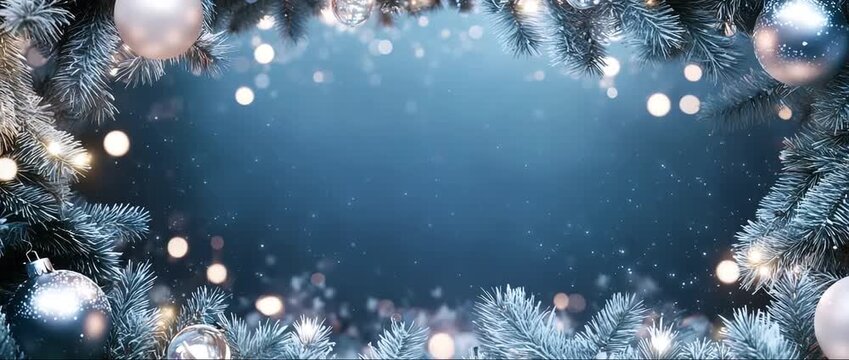 Fir tree branches with festive decorations, glowing lights, and falling snow on a blue background