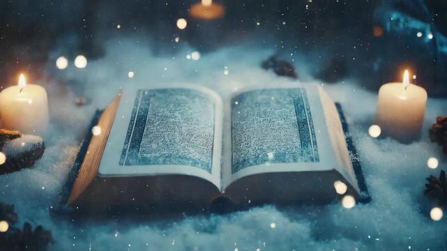 Open holy quran laying in snow with burning candles and glowing particles during a peaceful night