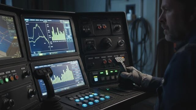 Medium shot showing closeup of advanced drilling controls used to accurately steer the drilling bit while sidetracking an existing well path.