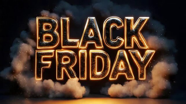 Epic black friday text with golden glowing letters emerging from smoke on a dark background