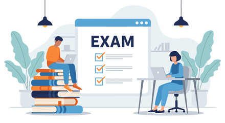 Online Exam Illustration with Students Studying and Taking Tests