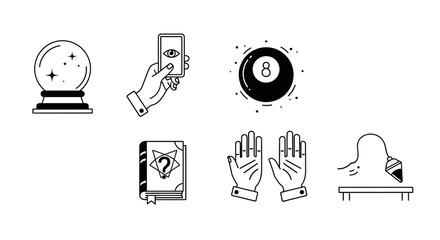 Mystical elements set: crystal ball, magic book, tarot hands, deck of cards, psychic icon collection