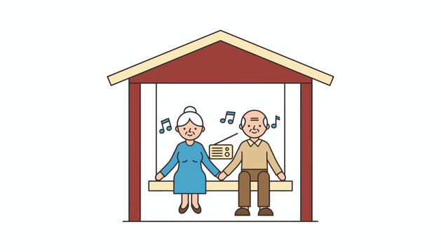 An elderly couple sitting on a porch swing holding hands while listening to a classic love song playing from a vintage radio evoking nostalgia.
