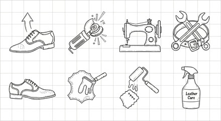 Hand drawn icons of shoe repair tools and leather care essentials
