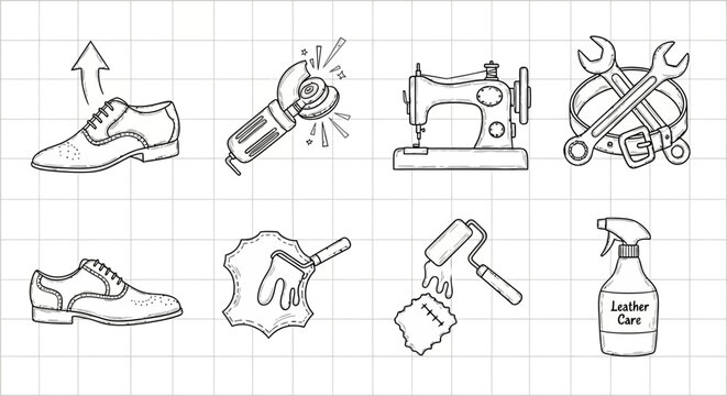 Hand drawn icons of shoe repair tools and leather care essentials