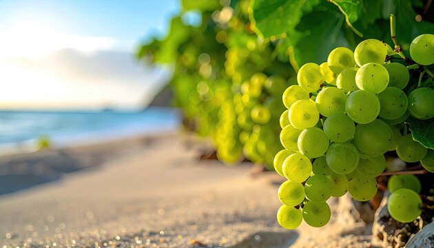 Close Up Of Green Grapes Growing On A Beach With The Ocean In The Background During Golden Hour - Powered by Adobe