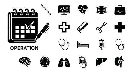Medical equipment and procedure icons for healthcare planning and surgery