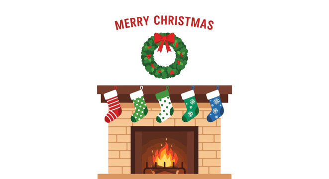 Cozy christmas scene with a fireplace stockings and a festive wreath above merry christmas text