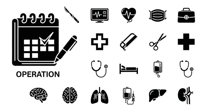 Medical equipment and procedure icons for healthcare planning and surgery