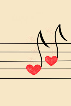 Red hearts on musical notes in Valentine's illustration