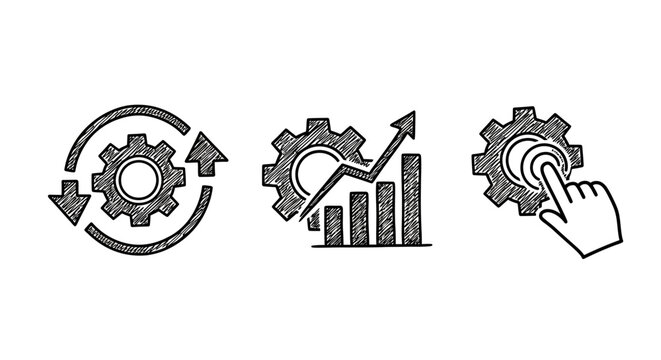 Hand drawn gears and graph icons representing business growth and automation concepts