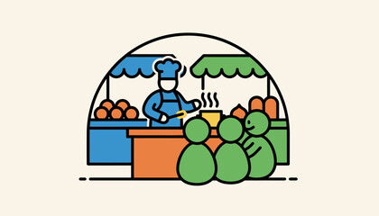 A lively cooking demonstration taking place in the center of the market drawing a curious crowd eager to learn.