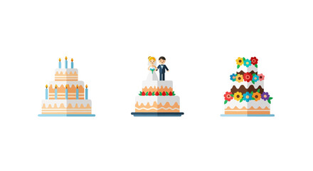 Variety of cakes: birthday and wedding designs with floral decorations