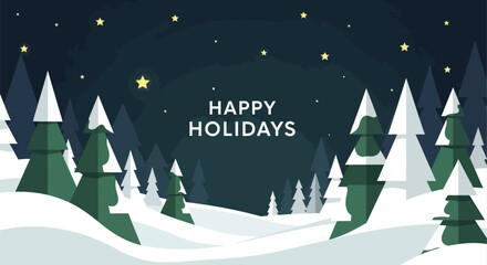 Happy holidays greeting with a serene winter forest landscape under a starry night sky