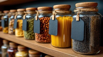 Glass jars with pasta and grains on wooden shelf
