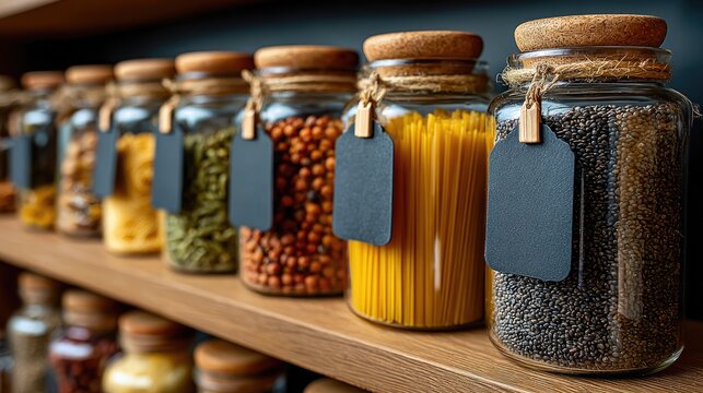 Glass jars with pasta and grains on wooden shelf