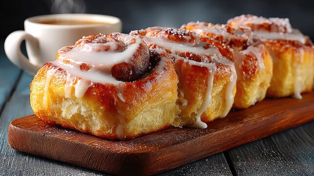 Fresh cinnamon rolls with icing and cup of coffee
