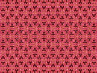 A pink geometric pattern featuring flowers and clover-like shapes repeats endlessly.