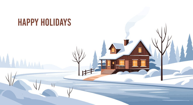 Cozy wooden cabin with smoke from chimney on a snowy winter day with happy holidays text - Powered by Adobe