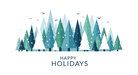 Stylized winter forest scene with snowflakes and birds above happy holidays text