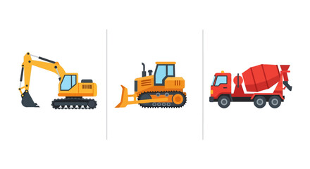 Fototapeta premium Colorful construction vehicles: excavator, bulldozer, and cement mixer in flat design