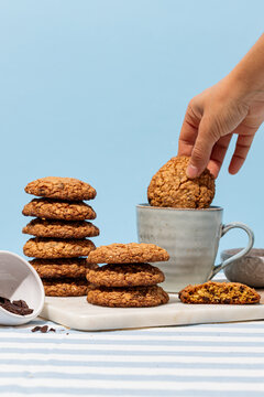 Hand with chocolate oat cookies on vibrant background