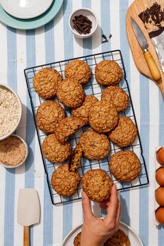 Freshly baked oat cookies on striped linen background