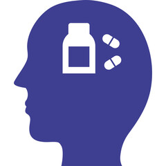 Silhouette of a human head in deep blue color with a white medicine bottle and two pills inside representing mental health treatment and pharmaceutical care concepts on a clean transparent background