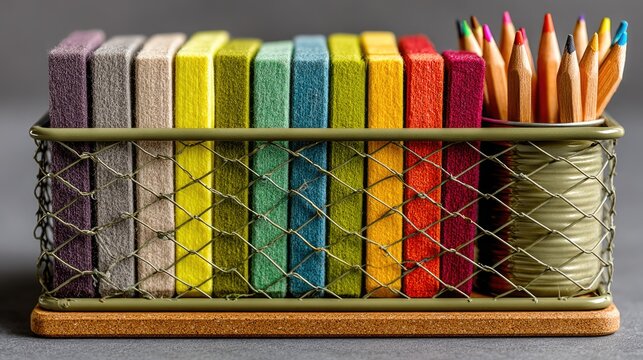 Organized Colorful Notebooks and Pencils in Holder