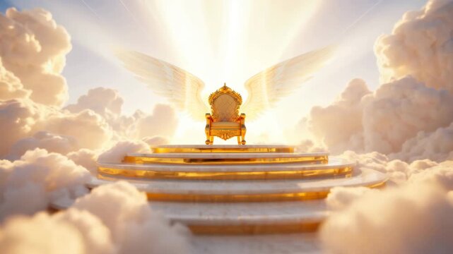 Heavenly throne on golden stairs, divine light, clouds background, Christian symbolism, Second Coming, celestial glory, spiritual kingdom, sacred vision, throne of God