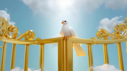 Golden gates in heavenly clouds with white dove, ethereal scene symbolizing peace, spirituality and freedom, serene atmosphere of celestial beauty, concept of hope and purity, dreamlike setting - Powered by Adobe