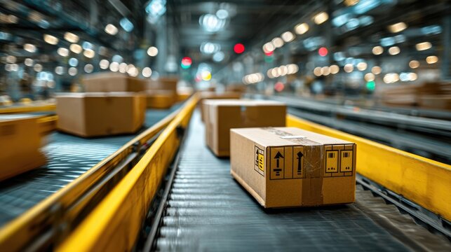 Parcel Conveyor System in Warehouse - Powered by Adobe