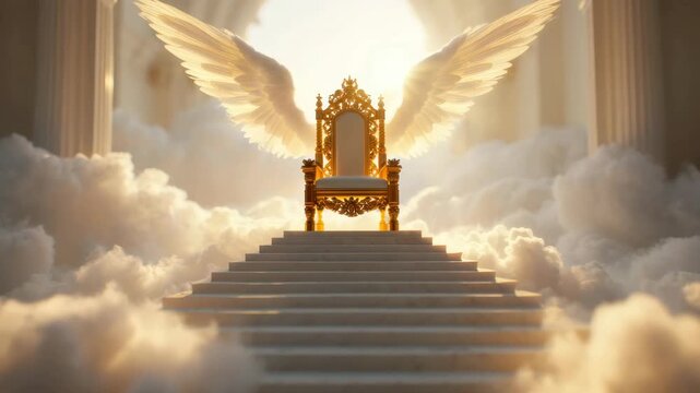 Golden throne with angel wings on marble steps, cloud-filled hall under radiant sunrise, divine seat above soft clouds, upward path through light, sacred atmosphere of heaven, celestial gate