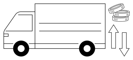 Delivery truck alongside stacked coins and up-down arrows symbolizing shipping costs, trade, logistics, or financial operations. Ideal for transport, economy, business, trade, logistics supply