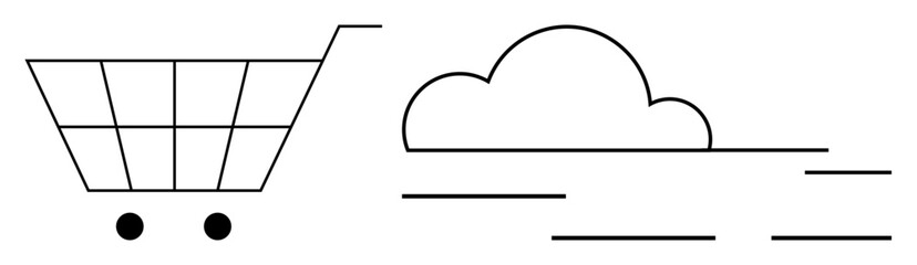 Minimalist shopping cart beside cloud and motion lines conveying e-commerce, digital retail, and fast delivery. Ideal for online shopping, logistics, cloud storage, and innovation in commerce. Simple